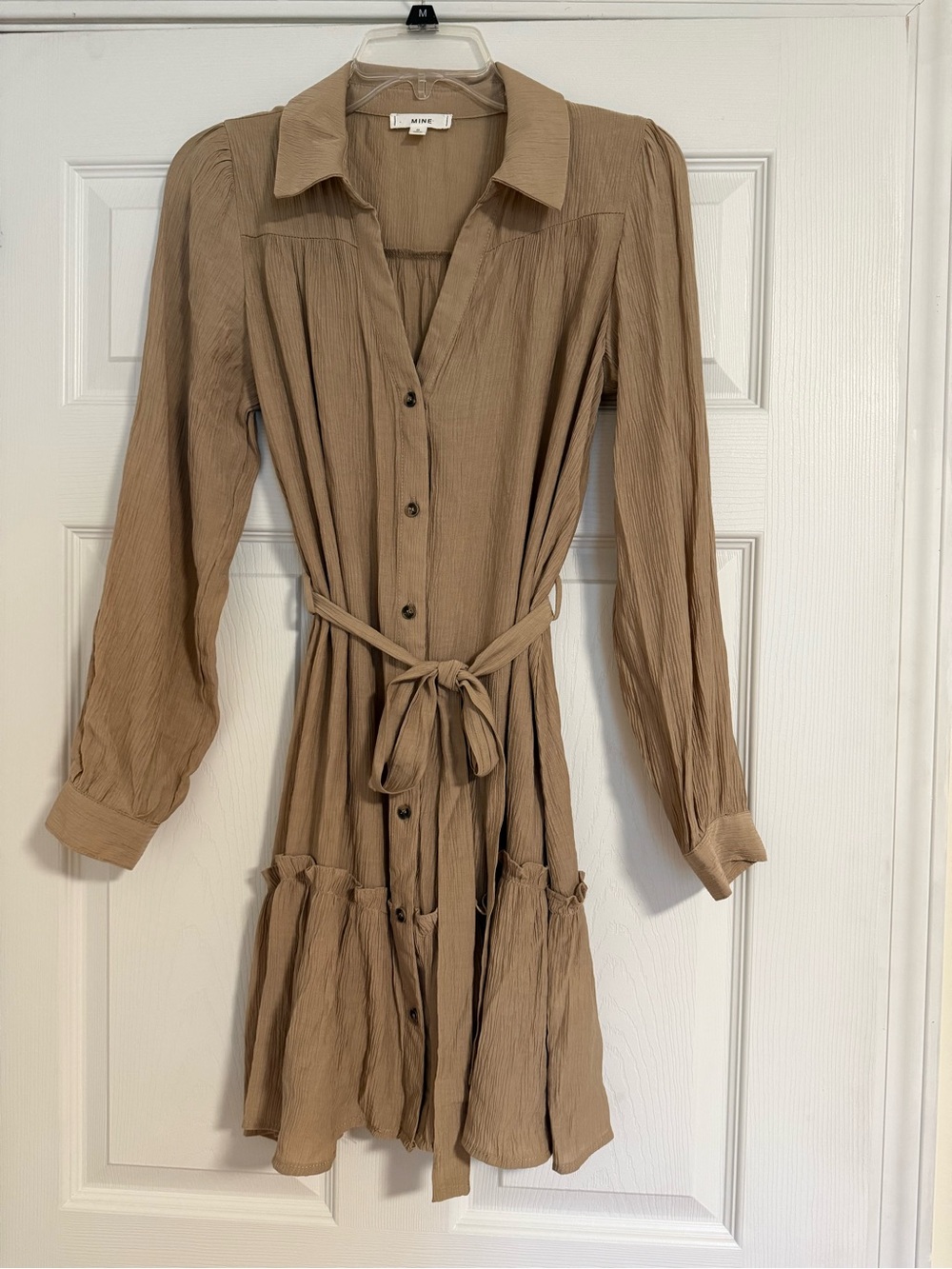 mine Taupe Long-Sleeve Button Front Tie-Waist Shirt Dress